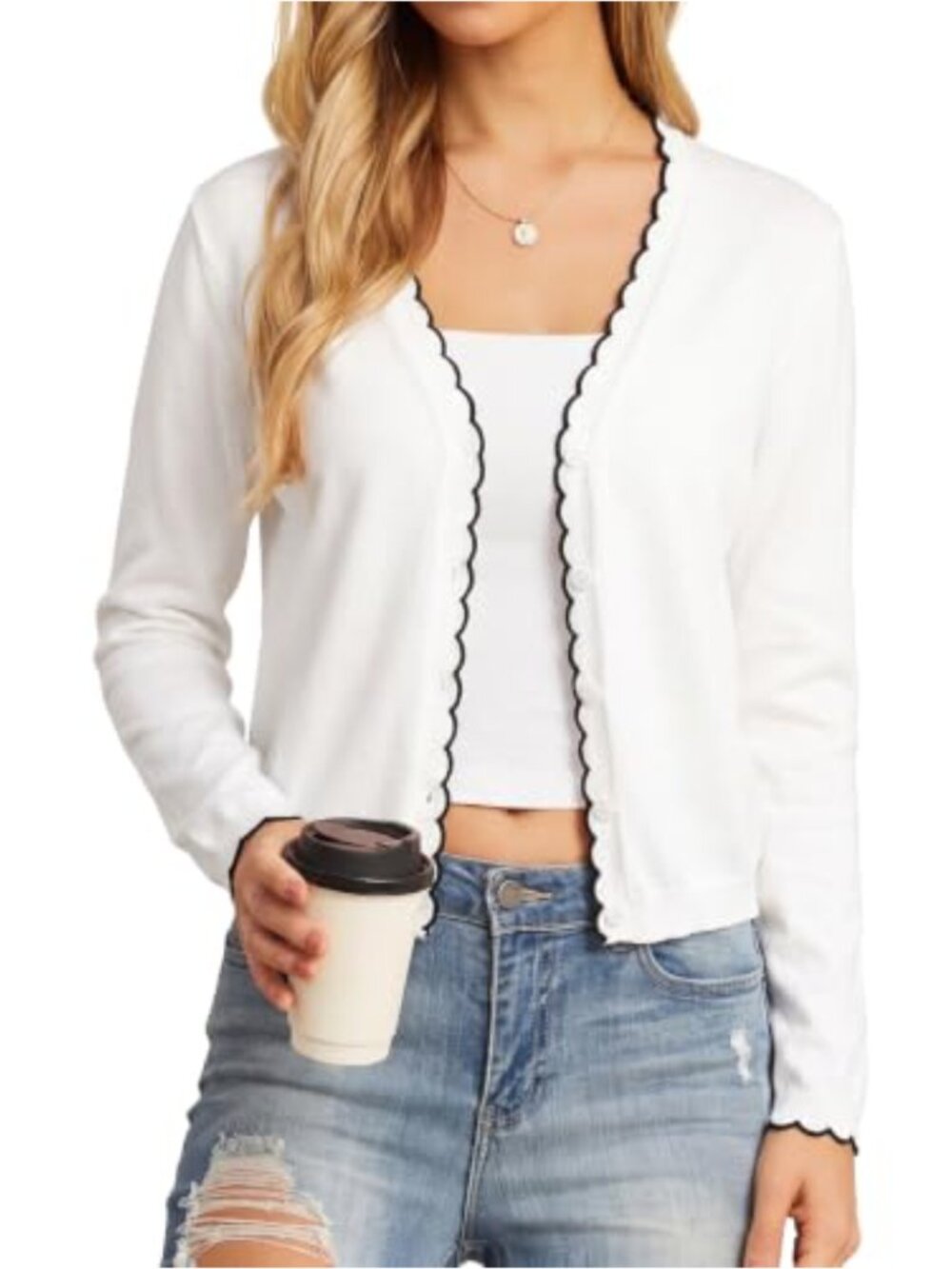 V Neck Button Down Cardigan Wavy Trim Lightweight Knit Sweater